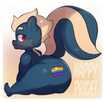 anthro big_butt big_tail blue_body blue_fur blueberry_(bitfly) butt cheek_tuft digital_media_(artwork) facial_tuft fur gradient_background hi_res huge_butt lgbt_pride male mammal mephitid mohawk multicolored_body multicolored_fur nude pride_color_flag pride_colors saltyseaskunk short simple_background sitting skunk solo striped_skunk tail tan_body tan_fur teapot_(body_type) thick_thighs tuft