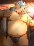 absurd_res anthro asian_clothing belly blush brown_body brown_fur bulge clothing east_asian_clothing fundoshi fur ganglie_(tas) happi_(clothing) hi_res inunodaidokoro japanese_clothing lifewonders male mammal musclegut muscular navel nipples pecs solo suid suina sus_(pig) tokyo_afterschool_summoners tusks underwear undressing wild_boar