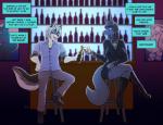 alcohol anthro anubian_jackal bar beverage bikini black_clothing black_dress boots breasts canid canine canis clothed clothing comic conditional_dnp crossed_legs digital_media_(artwork) dress duo english_text female footwear heterochromia high_heeled_boots high_heels jackal jewelry joshua_(ghostbane) kadath male mammal necklace nightshade_(kadath) nipples open_mouth shoes sitting smile swimwear tail text translucent translucent_clothing translucent_dress two-piece_swimsuit wide_hips wolf