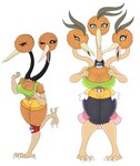 2_heads 3_heads anthro beak belt big_breasts black_eyes blue_eyes bottomwear breasts brown_body brown_hair clothing collar dodrio doduo duo female generation_1_pokemon hair heart_eyes heart_symbol hi_res legwear multi_head nintendo pokeball pokeball_collar pokemon pokemon_(species) shirt shorts simple_background topwear urusee584 white_background