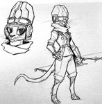 2021 ambiguous_gender anthro biomutant bow_(weapon) clothed clothing compound_bow fur hi_res looking_aside looking_at_viewer mammal maystrine_(artist) monochrome ranged_weapon simple_background sketch solo standing weapon white_background