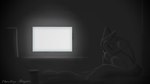 16:9 anthro bed bodily_fluids crying curled_up depression electronics fetal_pose furniture hand_on_head head_down inside machine male mathew_bailey monitor monochrome on_bed planetary_mayor protogen sad shaded simple_shading solo tears widescreen