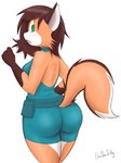 anthro big_butt blush bottomwear breasts brown_body brown_fur brown_hair butt butt_focus canid canine chuchujellyart clothing digital_media_(artwork) female fluffy fluffy_tail fox fur green_eyes hair hi_res legwear looking_at_viewer looking_back looking_back_at_viewer macy mammal multicolored_body multicolored_fur orange_body orange_fur raised_tail rear_view shirt shorts solo tail thigh_highs topwear white_body white_fur wide_hips