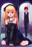 alternative_fashion blonde_hair blue_eyes bosshi brown_eyes digital_media_(artwork) duo female goth gothic_lolita gothic_lolita_with_dragon hair hi_res human j-fashion japanese_text kneeling kuro_lolita lolita_(fashion) male mammal not_furry red_hair standing text translated victorian_goth young