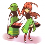 1:1 alternate_species avian bangs beak biped black_clothing black_eyes black_legwear clothed clothing cosplay duo feathers female fully_clothed generation_2_pokemon green_body green_clothing green_feathers hair hitec human humanized legwear light_body light_skin mammal multicolored_clothing multicolored_legwear nintendo pink_clothing pink_hair plantigrade pokemon pokemon_(species) pose red_clothing red_hair red_legwear simple_background standing tan_body tan_skin white_background white_clothing white_legwear xatu yellow_beak