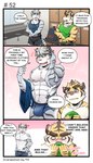 4:7 abs anthro blush bottomwear bulge clothing comic dialogue duo english_text felid gym_pals h155296 hi_res locker_room male male/male mammal myosotis_(gym_pals) pal_(gym_pals) pantherine shirt shorts tank_top text tiger topwear underwear undressing