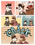 anthro back_cracking beard bottomwear brown_hair canid canine canis clothing comic deer dialogue duo elbowing english_text eyewear facial_hair glasses hair hat headgear headwear hi_res leo_(nardodraws) looking_at_another male male/male mammal nardodraws pants rodney_(nardodraws) shirt sitting smile speech_bubble text topwear wet wet_clothing wet_shirt wet_topwear wolf