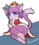 :< abstract_background ambiguous_gender anthro artist_name blue_eyes butt clothing crown domestic_cat felid feline felis fur fur_trim_(clothing) hair headgear holding_object holding_weapon kemono knees_pulled_up looking_at_viewer lying mammal multicolored_body multicolored_fur pawpads purple_body purple_fur purple_hair red_clothing red_robe robe scepter short_hair solo tail toraneko38 two_tone_body two_tone_fur weapon