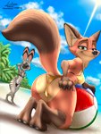 absurd_res anthro balls beach bikini breasts bulge butt canid canine canis clothed clothing crossdressing digital_media_(artwork) disney duo ear_markings facial_markings female femboy fox fur genitals golden_bikini head_markings hi_res jack_savage lagomorph leporid link6432 male male/female mammal markings mature_female mrs._wilde rabbit red_fox simple_background smile swimwear tail true_fox two-piece_swimsuit ych_(character) zootopia