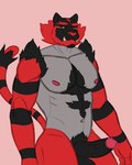 2023 anthro azcein balls big_pecs black_balls black_body black_fur black_penis black_stripes cheek_tuft eyebrows facial_tuft flat_colors fur generation_7_pokemon genitals glans green_eyes grey_markings humanoid_genitalia humanoid_penis incineroar male markings multicolored_body multicolored_fur navel nintendo nipples pecs penis pink_background pink_glans pink_nipples pokemon pokemon_(species) portrait pupils red_body red_eyebrows red_fur simple_background slit_pupils snaggle_tooth solo striped_markings striped_tail stripes tail tail_markings thick_eyebrows three-quarter_portrait tuft two_tone_body two_tone_fur underbite vein veiny_penis yellow_sclera