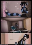 3d_(artwork) anthro barefoot blue_body blue_fur chair claws clothed clothing comic comic_panel digital_media_(artwork) digitigrade door feet female fur furniture hallway hi_res mammal markings procyonid raccoon running ryder_(striped_sins) shirt shocked solo striped_markings striped_sins striped_tail stripes t-shirt tail tail_markings text toes topwear url willitfit worried