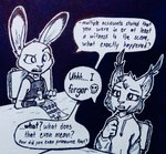 2022 anthro asking asking_another asking_how asking_what cheek_tuft clothed clothing dialogue disney duo ear_tuft emoji english_text facial_tuft fan_character felid feline fur head_tuft hi_res hoodie inktober judy_hopps lagomorph leporid linked_speech_bubble lynx mammal marc_(theblueberrycarrots) monochrome question rabbit speech_bubble talking_to_another text theblueberrycarrots topwear traditional_media_(artwork) tuft zootopia