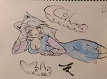 andetheslayer anthro canid canine female hand_on_head hi_res humanoid lying mammal on_side pastel_theme silvervale smile smiling_at_viewer solo text traditional_media_(artwork) vshojo vtuber