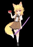 2022 absurd_res alpha_channel animal_humanoid black_clothing black_footwear black_shoes blonde_hair bottomwear bowl brown_bottomwear brown_clothing brown_skirt canid canid_humanoid canine canine_humanoid clothing container cookie_(touhou) dipstick_tail ear_tuft female footwear fox fox_ears fox_humanoid hair hi_res holding_bar holding_bowl holding_container holding_object holding_weapon humanoid inabahitomi inner_ear_fluff mammal mammal_humanoid markings miramikaru_riran orange_eyes skirt socks solo tail tail_markings tuft weapon white_clothing white_footwear white_inner_ear_fluff white_socks white_tail_tip yellow_ears yellow_tail