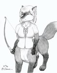 1997 bernard_doove bottomless bow_(weapon) breasts canid canid_taur canine canine_taur chakona_space clothed clothing female fox fox_taur fur gloves_(marking) greyscale hair leg_markings mammal mammal_taur markings monochrome ranged_weapon shirt socks_(marking) solo taur topwear weapon