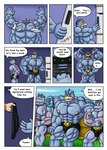 absurd_res belt big_biceps big_pecs clothing comic dialogue generation_1_pokemon growth hi_res machamp machoke male muscle_growth muscular nintendo nipples pecs pokemon pokemon_(species) regulartf solo surprise torn_clothing transformation verbal_reaction_to_tf