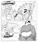 2018 anthro bear border claws comic dialogue english_text exclamation_point female fist fur generation_2_pokemon generation_6_pokemon grey_body grey_fur greyscale group hair human larger_female male mammal monochrome nintendo pangoro pokeball pokemon pokemon_(species) scalie shoutingisfun size_difference speech_bubble text tyranitar white_border