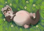 2021 4_toes belly bent_legs big_belly black_kitty blush brown_body brown_fur brown_tail cheek_tuft claws colored digital_drawing_(artwork) digital_media_(artwork) domestic_ferret eyelashes facial_tuft fangs feet female female_feral feral ferret_(mama_ferret) flower fluffy fluffy_tail fur grass green_eyes lying mammal mustelid musteline neck_tuft on_back open_mouth open_smile outside pawpads paws pink_inner_ear pink_nose pink_pawpads pink_tongue plant pregnant pregnant_female pregnant_feral shaded smile smiling_at_viewer solo tail tan_body tan_claws tan_fur teeth toe_claws toes tongue true_musteline tuft weasel