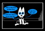 anthro blue_eyes child clothed clothing comic dialogue domestic_cat english_text eyewear felid feline felis fur looking_at_viewer male mammal nylonheretic offscreen_character open_mouth oscar_(nylonheretic) smile solo speech_bubble tail talking_to_viewer text tongue topwear whiskers white_body young young_anthro