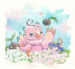 anthro bandai_namco beak biyomon black_body blue_eyes chibicheu claws digimon digimon_(species) elemental_creature feathers female feral flora_fauna flower group outside painting_(artwork) pink_body pink_feathers plant sitting smile traditional_media_(artwork) watercolor_(artwork) yellow_eyes yokomon