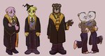 2023 absurd_res anthro bear blackie_(unicorn_wars) bottomwear cabo_pompon_(unicorn_wars) clothed clothing dazs_gk gemelos_mimosin gordi_(unicorn_wars) group harry_potter_(series) hat headgear headwear hi_res hogwarts_uniform hufflepuff hug mammal necktie pants pink_body purple_eyes scarf school_uniform shirt simple_background topwear unicorn_wars uniform white_body yellow_body