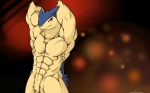 abs anthro biceps big_muscles chest_tuft flexing fur generation_2_pokemon male mammal muscular muscular_anthro muscular_male nintendo nude pecs pinup pokemon pokemon_(species) pokemorph pose red_eyes simple_background solo tuft typhlosion waddledox