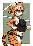 2024 anthro arknights beverage big_breasts biped black_clothing black_nose black_panties black_shirt black_topwear black_underwear breasts brown_body brown_ears brown_fur brown_hair brown_stripes brown_tail clothed clothing coffee coffee_mug colored container countershade_face countershade_fur countershade_legs countershade_torso countershading crotch_tuft cup cutlery eyewear felid female female_anthro fur glasses gloves_(marking) green_background hair hand_on_hip hi_res holding_coffee_mug holding_container holding_cup holding_mug holding_object humanoid_hands hypergryph kemono kitchen_utensils mammal markings mouth_hold mug multicolored_body multicolored_fur multicolored_hair multicolored_tail nipple_outline object_in_mouth orange_body orange_eyes orange_fur orange_hair orange_tail pantherine panties pantsless portrait pupils shaded shirt shirt_overhang side_view simple_background solo spoon spoon_in_mouth standing striped_body striped_fur striped_markings striped_tail stripes studio_montagne tail tail_markings tank_top three-quarter_portrait tiger tired tofffffu tools topwear translucent translucent_clothing translucent_shirt translucent_topwear tuft two_tone_tail underwear waaifu_(arknights) white_background white_body white_countershading white_fur white_hair white_inner_ear white_pupils