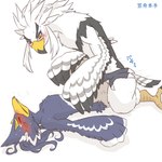 1:1 anthro athletic athletic_anthro athletic_male avian beak blue_body blue_feathers blush breath_of_the_wild duo embarrassed eyebrows eyes_closed feathers feet fist from_front_position fucked_silly japanese_text kusachi looking_pleasured lying male male/male missionary_position nintendo nude obscured_penetration obscured_sex on_back pecs penetration raised_eyebrows revali rito sex talons teba_(tloz) text the_legend_of_zelda toes white_body white_feathers yellow_beak