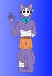 absurd_res animated anthro bandage bandaged_arm bandanna canid canine canis claws clothing ear_piercing ear_tag fur gesture grin hi_res keda_(whybother56) kerchief male mammal mask neckerchief neckwear pawpads paws piercing purple_body purple_fur short_playtime smile smiling_at_viewer solo swift_bristle swimming_trunks swimwear tail tail_motion tailwag waving waving_at_viewer wolf