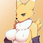 1:1 2021 anthro armwear armwear_only bandai_namco big_breasts black_nose black_sclera blue_eyes breasts bridal_gauntlets bridal_gauntlets_only canid clothing digimon digimon_(species) dipstick_ears ear_markings eye_markings eyelashes featureless_breasts female fur hi_res hyakkinkunu mammal markings mostly_nude multicolored_ears neck_tuft portrait renamon solo tuft white_body white_fur yellow_body yellow_fur