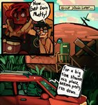 car chrisjcueto clothed clothing comic detailed_background dialogue hair hi_res human human_only inside_car inside_vehicle male mammal motor_vehicle not_furry red_hair speech_bubble vehicle