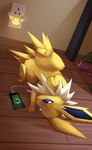 2024 3_fingers 3_toes ambiguous_gender artist_name belly_up birbmonsta blue_body blue_eyes blue_fur blue_inner_ear cellphone charger charging_battery charging_cable charging_phone convenient_power eeveelution electronics feet feral fingers floor fur generation_1_pokemon hi_res hindpaw inside jolteon lying mane multicolored_body multicolored_fur night_light nightlight nintendo on_back on_side outlet pawpads paws phone pink_pawpads pokemon pokemon_(species) rolling_over signature soles solo toes toy two_tone_body two_tone_fur wall_socket white_body white_fur white_mane wood wood_floor yellow_body yellow_fur