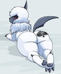 absol alby_(commonbleat) big_butt blush butt claws commonbleat female feral fur generation_3_pokemon looking_at_viewer lying nintendo on_front pawpads pokemon pokemon_(species) queen_of_spades_symbol raceplay raceplay_tattoo red_eyes solo tail white_body white_fur