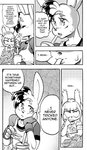 anthro bandage breasts clothed clothing comic cookie_(furryfight_chronicles) daigaijin dialogue duo english_text female fingerless_gloves food fries fur furryfight_chronicles gloves hair handwear hi_res lagomorph leporid mammal monochrome muko rabbit rodent sciurid shirt tank_top text topwear tree_squirrel