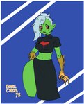 2018 alien alien_humanoid bottomwear breasts clothed clothing darkeros disney ear_piercing ear_ring female fingers gloves green_body green_skin hair hand_on_hip hand_on_own_hip handwear hi_res humanoid humanoid_pointy_ears long_hair lord_dominator midriff navel noseless not_furry piercing pink_sclera portrait ring_piercing signature solo standing text thick_thighs three-quarter_portrait topwear wander_over_yonder white_hair wide_hips