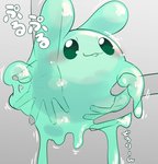 ambiguous_gender blush disembodied_hand duo goo_creature green_body hi_res poi_(artist) simple_background slime slime_(blob) translucent translucent_body turquoise_body