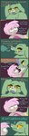 7_panel_comic absurd_res anthro bed blush castle chain_(shane_frost) comic dialogue domestic_pig dungeon duo english_text female furniture green_body hair hi_res human larger_female long_image lying lying_on_bed male male/female mammal monster nabaul_(shane_frost) on_bed pink_hair red_eyes shane_frost size_difference suid suina sus_(pig) tall_image text tusks wild_boar