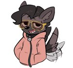 abilify_(character) aggretsuko anthro clothed clothing collar collar_tag eyewear hair half-closed_eyes half-length_portrait hands_in_both_pockets happy hoodie hyena leash looking_at_viewer male mammal mane mane_hair moozua narrowed_eyes open_mouth portrait sanrio solo spotted_hyena style_emulation sunglasses sunglasses_on_face tail tail_motion tailwag teeth_showing topwear