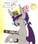 2018 baseball_cap bat_pony bodily_fluids clothing cursed_image dialogue digital_media_(artwork) emoji english_text equid fan_character female fire gesture gun half-length_portrait hasbro hat hat_only headgear headgear_only headwear headwear_only lol_comments mammal meme mostly_nude my_little_pony nolegs_(oc) portrait ranged_weapon replica_(artist) side_view solo speech_bubble tears text third-party_edit weapon