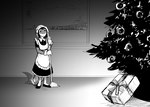 2023 anthro black_and_white bow_ribbon broom christmas christmas_tree cleaning_tool clothing distracted dramatic_lighting female fish freckles gift greyscale hi_res hladilnik holidays lonely_shark_(hladilnik) maid_uniform marine monochrome note ornament painting_(object) plant shark solo text tree uniform