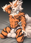 anthro arcanine balls bedding big_balls bulge claws detailed_bulge fluffy fluffy_tail generation_1_pokemon genitals hand_behind_head hi_res huge_balls kaerufrog kneeling looking_at_viewer male muscular nintendo on_bedding pokemon pokemon_(species) red_eyes smile solo tail