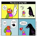 1:1 2024 4_panel_comic 4koma ambiguous_gender art_of_emm avian beak bird black_body blue_background bodily_fluids broken_heart comic corvid corvus_(genus) courtship crow crying dancing dialogue digital_drawing_(artwork) digital_media_(artwork) elliot_(art_of_emm) english_text eyes_closed feral george_(art_of_emm) gouldian_finch heart_eyes heart_symbol jumping looking_at_another male male_(lore) mating_dance motion_lines multicolored_body no_pupils open_mouth oscine outstretched_wings passerine rejection scandalous_six simple_background speech_bubble standing sweat sweatdrop tears text thought_bubble white_background yellow_background