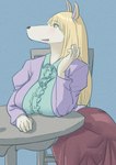 anthro big_breasts blonde_hair blush bottomwear breasts canid canine canis chair clothed_female clothing domestic_dog female furniture hair hi_res huge_breasts kemofujin kemofujin_(comic) kokoromati long_hair mammal mature_anthro mature_female on_chair open_mouth sitting sitting_on_chair skirt smile solo table tagme white_body