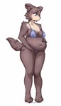 2023 absurd_res anthro beastars belly big_belly big_breasts bikini blue_eyes breasts brown_body brown_fur canid canine canis clothed clothing digital_media_(artwork) female fur hand_on_belly hand_on_own_belly hi_res holding_belly juno_(beastars) looking_down mammal navel overweight overweight_female slightly_chubby solo spuydjeks swimwear two-piece_swimsuit weight_gain wolf