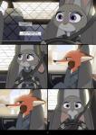 2017 absurd_res anthro belt bulletproof_vest canid canine car clothed clothing comic dipstick_ears disney driving duo ear_markings english_text female fox hi_res inside_car inside_vehicle judy_hopps lagomorph leporid male mammal motor_vehicle multicolored_ears nick_wilde police police_car police_uniform police_vehicle purple_eyes rabbit red_fox seatbelt text true_fox uniform utility_belt vehicle yitexity zootopia