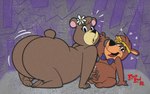 anthro bear big_butt bodily_fluids boo-boo_bear butt cindy_bear cum duo female genital_fluids handjob hanna-barbera hi_res jodero kneeling leaking_cum looking_at_viewer male male/female mammal penile sex style_emulation surprised_expression third-party_edit wide_hips yogi_bear