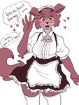 3:4 5_fingers anthro apron beastars blush bottomwear breasts brown_body brown_fur canid canine canis claws clothed clothing dress dress_shirt eyelashes female fingers fur gesture hearts_around_head hi_res juno_(beastars) legwear looking_at_viewer maid_uniform mammal multicolored_body multicolored_fur mutedlavender portrait shirt simple_background skirt smile solo speech_bubble stockings tail teeth text three-quarter_portrait topwear two_tone_body two_tone_fur uniform waving waving_at_viewer wolf