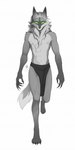 4_toes 5_toes absurd_res anthro ashikau athletic athletic_anthro athletic_male biceps biped canid canine canis character_name claws clothed clothing feet fur green_eyes hi_res looking_at_viewer malcolm_wolf male mammal maned_wolf monochrome navel pecs shirtless_anthro shirtless_male solo tail toe_claws toes underwear underwear_only unknown_artist wolf