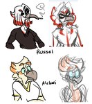 2018 aleksei_(beastofeuthanasia) anthro avian beak beastofeuthanasia bent_arm bird black_clothing black_eyelids black_eyes black_shirt black_topwear blue_eyes character_name cigarette cigarette_in_mouth closed_beak closed_smile clothed clothed_anthro clothed_male clothing cockatoo colored_sketch crane_(bird) digital_media_(artwork) duo english_description eyebrow_through_hair eyebrows fangs feather_hair feathers frown frowning_at_viewer grey_beak gruiform grus_(genus) hair half-closed_eyes male male_anthro medium_hair mouth_closed multicolored_hair narrowed_eyes object_in_mouth one_eye_closed orange_eyebrows orange_eyes orange_hair parrot pseudo_hair red-crowned_crane red_body red_eyebrows red_feathers redesign russel_(beastofeuthanasia) shirt simple_background sketch smile smoking smoking_cigarette story story_in_description t-shirt tan_body tan_feathers tan_hair teeth toothed_beak topwear translucent translucent_hair two_tone_hair white_background white_body white_clothing white_feathers white_shirt white_t-shirt white_topwear