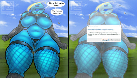 Rating: e
ID: 3498076
Date: 2022-08-10 07:20:15 -0400
Status: active
Score: 66
2022 absurd_res armwear big_breasts blue_body blue_nipples bodily_fluids breasts clothed clothing dialogue digital_creature elbow_gloves english_text error_message female fishnet_clothing fishnet_legwear genital_fluids gloves handwear hi_res humanoid internet_explorer internet_explorer_(character) legwear microsoft microsoft_windows nipple_piercing nipple_slip nipples not_furry piercing portrait redviewer_55 skimpy solo text thick_thighs thong three-quarter_portrait underwear vaginal_fluids window_(computing) post #3498076